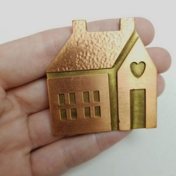 Vintage Hallmark Copper and Brass House with Heart Brooch, Signed HMK, Estate - Picture 6 of 7